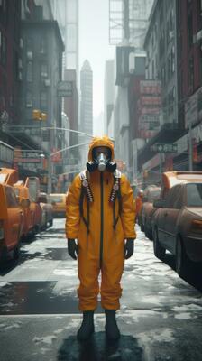 Cyberpunk street scene with humans in anti-contamination suits