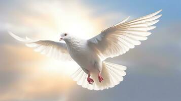 A white dove on bright light shines from heaven background. Symbol of love and peace descends from sky. Generative Ai photo