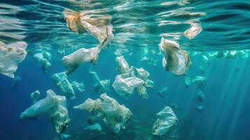 A lot of old plastic and plastic bags in ocean. environmental protection concept. Generetive AI photo