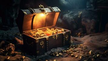 Pirates treasure chest in cave. Generative Ai photo