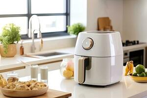 air fryer appliance is on white marble table in nice interior design kitchen dinning room of house. Generative Ai photo