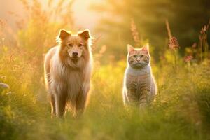 peludo amigos gato y perro caminando en un verano prado. generativo ai foto