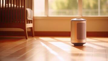 Air purifier on wooden floor in comfortable home. Fresh air and healthy life. Air Pollution Concept. Generative ai photo