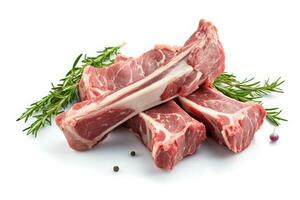 Lamb Ribs meat and herbs isolated on white, Generative AI photo