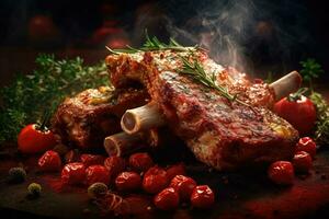 un apilar de Cordero costillas carne con fumar y pimienta en el lado Listo a comer foto