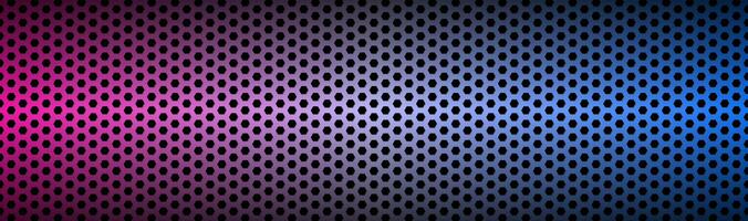 Abstract blue and purple neon geometric hexagonal mesh material header. Perforated metallic technology banner. Vector abstract widescreen background photo