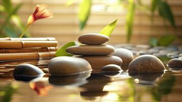 Beauty spa, Bamboo and stones in a wellness spa. Beauty treatment of spa. Generative Ai photo