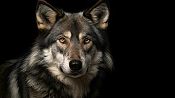 Adult wolf on black background. Generative AI. photo