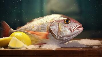 A snapper fish. Raw fish snapper with lemon on ice background. Generative Ai photo