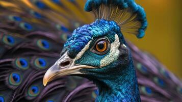 retrato de hermosa pavo real con plumas afuera. generativo ai foto