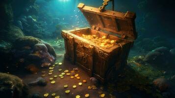 Open treasure chest sunken at the bottom of the sea. Generative Ai photo