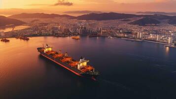 Aerial view of  Refinery Industry cargo ship in import export, LPG, oil refinery, Logistics and transportation with working crane bridge in harbor. Generative Ai photo