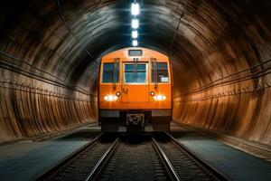 moderno eléctrico tren en subterraneo túnel. tren tecnología y transporte concepto. generativo ai foto