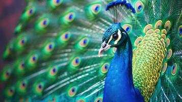 Portrait of beautiful peacock with feathers out. Generative Ai photo