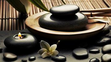 Beauty spa, Bamboo and stones in a wellness spa. Beauty treatment of spa. Generative Ai photo