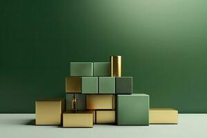 A stack of green and gold colored podiums with a red and yellow background photo