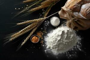 Grain sprinkled flour sits on a table next to a bowl of wheat and a bowl of oats photo