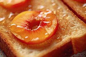 peach toast, macro shot of a fresh breakfast with Dripping Honey, AI Generated photo