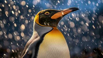 A king penguin gazes skyward as snow falls gently. In the background, other members of the penguin colony also enjoy the rare South Georgia summer snow. Generative Ai photo
