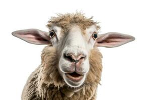 A Sheep, Funny sheep. Portrait of sheep showing tongue isolated on white background.Generative AI photo