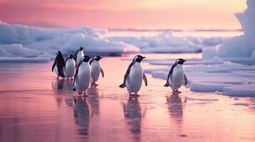 Penguins slides on ice. Generative Ai photo