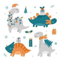 Christmas dinosaurs set. Cute dinosaurs with gifts and Santa hats.   Hand drawn vector illustrations