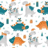 Seamless pattern with Christmas dinosaurs. Cute dinosaurs with gifts and Santa hats. Hand drawn vector illustrations