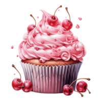 cupcake with pink cream and berries, Birthday cake,AI Generated png