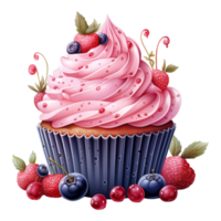 cupcake with pink cream and berries, Birthday cake,AI Generated png