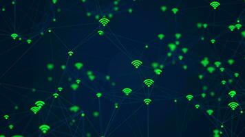 Wi-fi network connections concept background with flashing green wi-fi icons connected by a digital plexus network. This internet technology background is full HD and a seamless loop. video