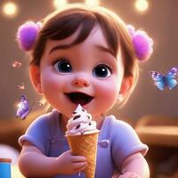 Free pixar style character with ice cream, realistic background, Ai Generative photo