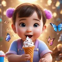 Free pixar style character with ice cream, realistic background, Ai Generative photo