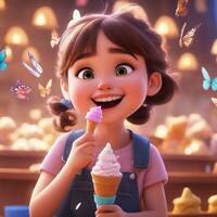 Free pixar style character with ice cream, realistic background, Ai Generative photo