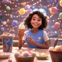 Free pixar style character with ice cream, realistic background, Ai Generative photo