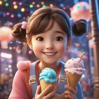 Free pixar style character with ice cream, realistic background, Ai Generative photo