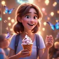 Free pixar style character with ice cream, realistic background, Ai Generative photo