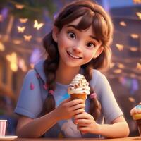 Free pixar style character with ice cream, realistic background, Ai Generative photo