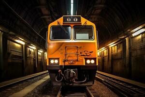 moderno eléctrico tren en subterraneo túnel. tren tecnología y transporte concepto. generativo ai foto