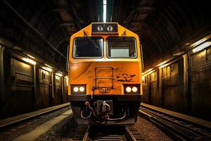 Modern electric train in subway tunnel. train technologyand transportation concept.  Generative Ai photo