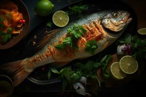 Whole fish with a grilled skin Arab food Generative AI photo