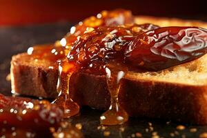 Saudi Arab Dates toast, macro shot of a fresh breakfast with Dripping Honey, AI Generated photo