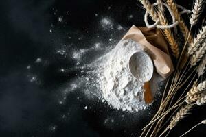 Grain sprinkled flour sits on a table next to a bowl of wheat and a bowl of oats photo