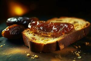 Saudi Arab Dates toast, macro shot of a fresh breakfast with Dripping Honey, AI Generated photo