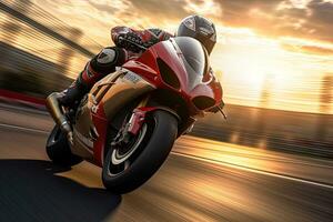 Superbike motorcycle on the race track with motion blur. Superbike motorcycle. Generative Ai photo