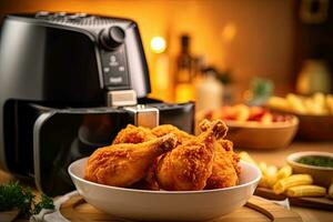 Air fryer with fried breaded chicken on the table in the kitchen. Generative Ai photo