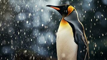 A king penguin gazes skyward as snow falls gently. In the background, other members of the penguin colony also enjoy the rare South Georgia summer snow. Generative Ai photo