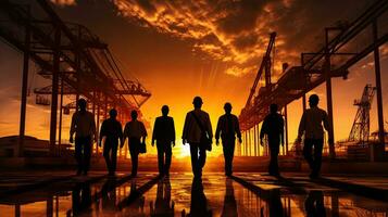 Silhouette of A team of engineers walk to inspect the infrastructure at construction site. Generative Ai photo