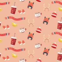 Seamless pattern cosy with winter accessories, jumper, hat, scarf, mugs. vector