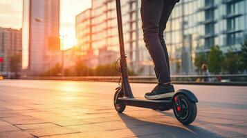 A man riding black electric kick scooter at cityscape at sunset. Generative Ai photo