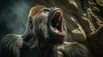 A gorilla is shouting on a high cliff. Generative Ai photo